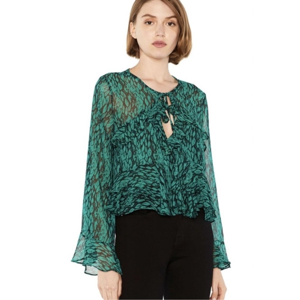 Misa Los Angeles Damaris Ruffle Blouse in Emerald Snake - Size Small